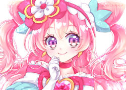 Rule 34 | 1girl, absurdres, bow, brooch, choker, closed mouth, cone hair bun, cure precious, delicious party precure, double bun, earrings, frilled hairband, frills, gloves, hair bow, hair bun, hairband, heart, heart brooch, highres, jewelry, kazusa hiyori, long hair, looking at viewer, magical girl, nagomi yui, pink choker, pink hair, pink hairband, precure, purple eyes, simple background, smile, solo, split mouth, twitter username, two side up, upper body, white background, white gloves
