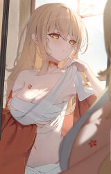 Rule 34 | 1girl, absurdres, blonde hair, blurry, blurry foreground, breasts, butterfly choker, chest sarashi, choker, closed mouth, clothes down, commentary request, dressing, genshin impact, hair between eyes, hair down, highres, indoors, japanese clothes, kimono, large breasts, messy hair, morning, navel, orange choker, orange kimono, reflection, revision, sarashi, sazanami (re n rentaro), signature, solo, twitter username, wide sleeves, yellow eyes, yellow nails, yoimiya (genshin impact)