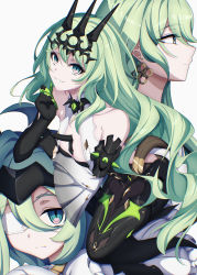 Rule 34 | 2girls, absurdres, asymmetrical gloves, bare shoulders, black dress, chinese wolfberry, claw ring, closed mouth, crown, dress, dual persona, gloves, green eyes, green hair, grin, highres, honkai (series), honkai impact 3rd, klein (honkai impact), long hair, looking at viewer, mismatched gloves, mobius (honkai impact), multiple girls, open mouth, simple background, single sleeve, sleeveless, sleeveless dress, smile, teeth, white background