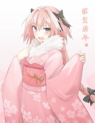 Rule 34 | 1boy, astolfo (fate), black bow, black ribbon, blush, bow, braid, commentary request, fang, fate/apocrypha, fate/grand order, fate (series), floral print, hair intakes, hair ribbon, japanese clothes, kimono, long braid, long sleeves, looking at viewer, male focus, mobu, multicolored hair, obi, open mouth, pink hair, purple eyes, ribbon, sash, single braid, streaked hair, translated, trap, upper body, wide sleeves