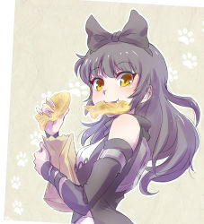 Rule 34 | 1girl, bag, bare shoulders, black hair, blake belladonna, bow, detached sleeves, fang, food, food in mouth, from side, hair bow, highres, iesupa, long hair, looking at viewer, mouth hold, paper bag, paw print, rwby, smile, solo, taiyaki, upper body, wagashi, yellow eyes
