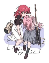 Rule 34 | 2girls, amplifier, arm around waist, bocchi the rock!, brown eyes, electric guitar, from above, gotoh hitori, grey skirt, guitar, highres, instrument, jacket, kita ikuyo, loafers, looking at viewer, medium skirt, multiple girls, one side up, pink hair, pink jacket, pleated skirt, red hair, shoes, sitting, skirt, track jacket, truffleduster, watch, white skirt, wristwatch