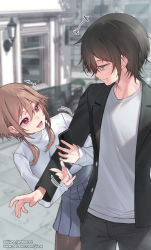 Rule 34 | +++, 1boy, 1girl, arm hug, breasts, brown hair, cellphone, closed mouth, hetero, highres, jacket, jjune, large breasts, light brown hair, long sleeves, looking at another, lower teeth only, medium hair, mole, mole under mouth, motion lines, open clothes, open jacket, open mouth, original, outdoors, pants, pantyhose, patreon username, phone, pleated skirt, red eyes, shirt, short hair, sidelocks, skirt, smartphone, teeth, unbuttoned, watermark, web address, white shirt, yellow eyes