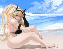 Rule 34 | 1girl, abs, bare shoulders, barghest (fate), barghest (ice warrior) (fate), beach, bikini, black bikini, black gloves, blonde hair, blue sky, blush, breasts, elbow gloves, fate/grand order, fate (series), gloves, gold trim, hair ornament, hair scrunchie, high ponytail, highres, horns, large breasts, long hair, looking at viewer, muscular, muscular female, obazzotto, one eye closed, red eyes, scarf, scrunchie, sidelocks, single glove, sitting, sky, smile, solo, swimsuit, thick thighs, thighs, white scarf