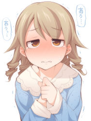 Rule 34 | 10s, 1girl, bad id, bad pixiv id, blonde hair, blouse, blue shirt, blush, collared shirt, drill hair, embarrassed, eyebrows, hands on own chest, idolmaster, idolmaster cinderella girls, long sleeves, looking at viewer, medium hair, morikubo nono, no nose, orange eyes, own hands together, portrait, shirt, simple background, solo, tears, translated, trembling, uccow, upper body, white background