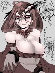 Rule 34 | 10s, 2girls, abyssal ship, angry, armband, battleship water oni, black dress, black nails, bracelet, breast envy, breast lift, breasts, choker, cleavage, colored sclera, crossed bangs, crying, dress, eyeshadow, freckles, grey background, hair between eyes, highres, hopping, horns, jewelry, kantai collection, large breasts, looking to the side, makeup, multiple girls, nail polish, pale skin, red sclera, ryuujou (kancolle), single horn, solo focus, spiked bracelet, spikes, strapless, strapless dress, sukueni, sweatdrop, text focus, translation request, yellow eyes