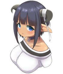 Rule 34 | 1girl, absurdres, bare shoulders, black choker, black hair, blue eyes, blush, breasts, choker, collarbone, commentary request, cow horns, cropped torso, curled horns, dark-skinned female, dark skin, hair ribbon, highres, horns, idaten93, large breasts, looking at viewer, off-shoulder shirt, off shoulder, original, parted lips, personification, pointy ears, ribbon, shirt, sidelocks, simple background, smile, solo, upper body, white background, white ribbon, white shirt