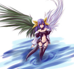 Rule 34 | 1girl, arc system works, asymmetrical wings, blue hair, dizzy (guilty gear), from above, guilty gear, midriff, red eyes, ribbon, solo, syarute, tail, thighhighs, water, wings