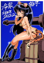 Rule 34 | 1girl, absurdres, animal ears, animal print, ass, bikini, birthday, black footwear, black hair, boots, breasts, brown eyes, butt crack, character name, commentary, dated, fake animal ears, from side, girls und panzer, hairband, half-closed eyes, highres, licking, licking hand, long hair, looking at viewer, military, military vehicle, motor vehicle, on vehicle, orange bikini, outline, outside border, panzer iv, panzer iv, print bikini, reizei mako, shinkuukan (tetsuo3), side-tie bikini bottom, sitting, small breasts, smile, solo, swimsuit, tail, tank, tiger ears, tiger print, tiger tail, translated, white hairband, white outline, zipper