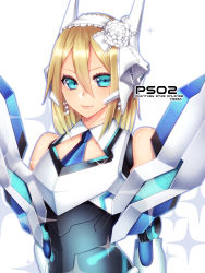 Rule 34 | 1girl, bad id, bad pixiv id, blonde hair, blue eyes, blue necktie, bow, closed mouth, company name, copyright name, earrings, eyelashes, flower, frills, hair between eyes, hairband, headgear, hexagon, highres, jewelry, looking at viewer, mecha musume, necktie, phantasy star, phantasy star online 2, ribbon, sega, simple background, smile, solo, sparkle, upper body, white background, white bow, white flower, white ribbon, yutazou