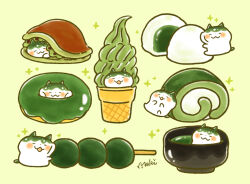 Rule 34 | animal focus, blush stickers, cake, cat, chara chara makiato, choko (cup), closed eyes, closed mouth, commentary request, cup, dango, doughnut, food, food focus, green background, green tea, green theme, ice cream, ice cream cone, in container, in cup, in food, matcha (food), mochi, no humans, omelet, on food, open mouth, original, sign, simple background, smile, sparkle, sweets, swiss roll, tea, wagashi