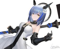 Rule 34 | 1girl, azur lane, bad id, bad pixiv id, bare shoulders, blue hair, breasts, chinese commentary, closed mouth, commentary request, cross, cross (weapon), cross necklace, dress, floating headgear, flower, gascogne (azur lane), gauntlets, hair flower, hair ornament, halo, headgear, heatia, highres, holding, holding weapon, jewelry, looking at viewer, mechanical halo, medium breasts, multicolored hair, necklace, short hair, signature, simple background, sleeveless, sleeveless dress, solo, streaked hair, weapon, white background, white dress, white flower, yellow eyes