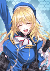Rule 34 | 10s, 1girl, :d, ^ ^, arm up, atago (kancolle), bad id, bad pixiv id, black gloves, blonde hair, blue hat, blush, breasts, closed eyes, gloves, hat, kantai collection, large breasts, long hair, matsuryuu, military, military uniform, open mouth, personification, smile, solo, uniform