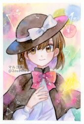 Rule 34 | 1girl, 2zuz4hru, black capelet, black hat, bow, bowtie, brown eyes, brown hair, capelet, closed mouth, commentary request, derivative work, dr.latency&#039;s freak report, happy, hat, hat bow, long sleeves, painting (medium), puffy sleeves, quark (particle), red bow, red bowtie, shirt, smile, solo, sun hat, touhou, traditional media, usami renko, watercolor (medium), white bow, white shirt