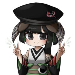 Rule 34 | 1boy, :3, black eyes, black hair, black hat, closed mouth, colored inner hair, commentary request, detached sleeves, double v, eye of senri, green hair, green sleeves, hands up, hat, indie virtual youtuber, japanese clothes, kimono, looking at viewer, male focus, multicolored hair, no nose, obi, sash, simple background, sleeveless, sleeveless kimono, solo, tabinoki kanae, tabinoki kanae (1st costume), upper body, v, virtual youtuber, websci 3357, white background, white kimono