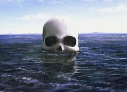 Rule 34 | bird, cloud, cloudy sky, commentary request, floating skull, fracoco, highres, horizon, no humans, ocean, original, outdoors, partially submerged, signature, skull, sky, water