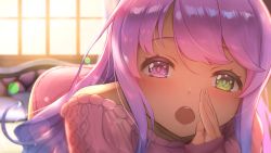 Rule 34 | 1girl, all fours, alternate costume, aran sweater, bed, blurry, blurry background, blush, cable knit, casual, commentary, cupping hand, eyelashes, gradient hair, green eyes, hand to own mouth, heterochromia, highres, himemori luna, hololive, indoors, lens flare, long hair, looking at viewer, morning, multicolored hair, open mouth, pink hair, pink sweater, purple eyes, purple hair, solo, sunlight, sweater, two-tone hair, virtual youtuber, window, yamasan ossan