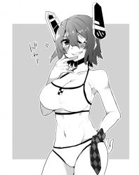 Rule 34 | 10s, 1girl, bad id, bad pixiv id, bare shoulders, bikini, blush, breasts, cleavage, eyepatch, female focus, greyscale, grin, headgear, hiiragi (jhug8877), huge breasts, kantai collection, looking at viewer, monochrome, navel, short hair, smile, solo, swimsuit, tenryuu (kancolle), toned