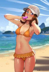 Rule 34 | 1girl, alternate hair length, alternate hairstyle, baseball cap, beach, bikini, blue eyes, blush, breasts, brooke (mleth), character name, commentary, cowboy shot, day, english commentary, food, freckles, hat, medium hair, mleth, mouth hold, navel, ocean, orange bikini, original, petite, popsicle, shiny skin, small breasts, solo, standing, summer, sweat, swimsuit