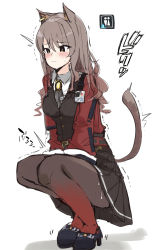 Rule 34 | 1girl, absurdres, akakama, animal ear fluff, animal ears, arknights, belt, between legs, black necktie, black pantyhose, black skirt, black vest, blue footwear, blush, brown eyes, brown hair, cat ears, cat girl, cat tail, closed mouth, collared shirt, ear blush, earclip, embarrassed, female focus, full body, gradient hair, gradient legwear, hand between legs, have to pee, high heels, highres, id card, jacket, japanese text, legs together, long hair, long sleeves, miniskirt, multicolored hair, necktie, open clothes, open jacket, pantyhose, pleated skirt, red jacket, red pantyhose, shirt, shoes, sidelocks, simple background, sketch, skirt, skyfire (arknights), solo, squatting, sweat, tail, translation request, trembling, v arms, vertical-striped clothes, vertical-striped necktie, vest, white background, white shirt
