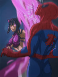 Rule 34 | 1boy, 1girl, battle, black hair, bracelet, breasts, capcom, crossover, fingerless gloves, gloves, glowing, glowing eye, han juri, high kick, jewelry, kicking, large breasts, licking lips, marvel, motion blur, purple eyes, spider-man, spider-man (series), spiked bracelet, spikes, street fighter, superhero costume, tight-web, tongue, tongue out