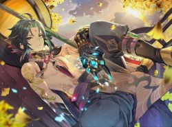 Rule 34 | 1boy, ahoge, arm tattoo, armor, bead necklace, beads, bird, black footwear, black gloves, detached sleeves, dutch angle, eyes visible through hair, facial mark, forehead mark, genshin impact, gloves, green hair, high collar, highres, holding, holding mask, jewelry, knee up, looking at viewer, male focus, mask, moon, multicolored hair, necklace, outdoors, pants, parted bangs, pelvic curtain, polearm, puffy pants, short hair, shoulder armor, single detached sleeve, sitting, solo, sunset, tassel, tattoo, teddy (khanshin), two-tone hair, vision (genshin impact), weapon, xiao (genshin impact), yellow eyes