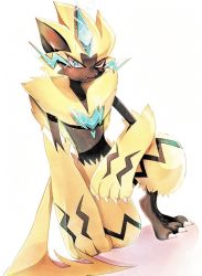 Rule 34 | bad id, bad twitter id, claws, closed mouth, commentary request, creatures (company), fang, fang out, furry, game freak, gen 7 pokemon, green eyes, kneeling, legendary pokemon, mythical pokemon, nintendo, pokemon, pokemon (creature), solo, uta (uu ta00), white background, yellow fur, zeraora