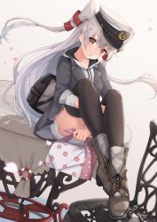 Rule 34 | 1girl, amatsukaze (kancolle), bag, black thighhighs, blush, boots, brown dress, brown eyes, chair, commentary, dress, gloves, hair ornament, hair tubes, hat, highres, k jie, kantai collection, lifebuoy, long hair, long sleeves, looking at viewer, military hat, parted lips, peaked cap, sailor dress, shoes, silver hair, sitting, solo, striped, swim ring, symbol-only commentary, table, thighhighs, two side up