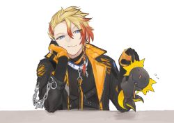 Rule 34 | 1boy, animal, axel syrios, axelotl (axel syrios), axolotl, black jacket, black shirt, blonde hair, blue eyes, braid, chain, closed mouth, collar, collared jacket, flying sweatdrops, hair between eyes, hand on own cheek, hand on own face, highres, holding, holding animal, holostars, holostars english, itkker, jacket, leaning on table, long sleeves, looking at animal, multicolored hair, multiple tails, open mouth, red hair, shirt, side braid, sweatdrop, tail, torn clothes, torn jacket, two-tone hair, virtual youtuber, white background