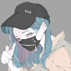 Rule 34 | 1girl, absurdres, baseball cap, black hat, blue hair, colored inner hair, covered mouth, earrings, forehead, from side, grey background, hat, highres, jacket, jewelry, long hair, looking at viewer, mask, mouth mask, multicolored hair, no pupils, nocopyrightgirl, original, pale skin, parted bangs, pointing, pointing at viewer, portrait, purple hair, red eyes, simple background, solo, stud earrings, yellow jacket, zipper, zipper pull tab
