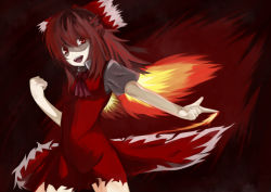 Rule 34 | 1girl, achi cirno, alternate color, alternate element, bad id, bad pixiv id, ban (bannyata), blouse, cirno, collared shirt, dress, fiery wings, fire, pinafore dress, red background, red eyes, red theme, shirt, sleeveless dress, solo, touhou, white shirt, wings