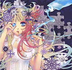 Rule 34 | 1girl, abstract, absurdres, bad id, bad pixiv id, bare shoulders, blonde hair, blue eyes, breasts, cigarette, cleavage, fingernails, flower, hair flower, hair ornament, highres, lace, long fingernails, long hair, multicolored hair, nitou akane, original, pansy, puzzle, puzzle piece, red hair, smoke, snowflakes, solo, split-color hair, two-tone hair, very long hair, wavy hair