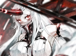 Rule 34 | 10s, 1girl, abyssal ship, bad id, bad pixiv id, breasts, collar, colored skin, commentary request, detached sleeves, horns, huge breasts, kantai collection, kurosuke (hipparu), long hair, red eyes, ribbed sweater, seaport princess, short eyebrows, sideboob, solo, sweater, upper body, white hair, white skin