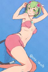 Rule 34 | 10s, 1girl, bike shorts, black hair, blush, breasts, cable, cable tail, covered erect nipples, dimension w, green eyes, green hair, headgear, hip bones, hip focus, looking at viewer, matching hair/eyes, mechanical tail, multicolored hair, navel, palms, pink shorts, short hair, shorts, simple background, small breasts, smile, solo, stomach, streaked hair, tail, twitter username, two-tone hair, utu (ldnsft), yurizaki mira