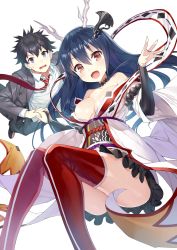 Rule 34 | 1boy, 1girl, :o, absurdres, antlers, aohime no ookami, bare shoulders, black hair, blue eyes, blue hair, blush, boots, breasts, bridal gauntlets, cleavage, cover image, gaou (umaiyo puyoman), hair between eyes, hair ornament, hand up, highres, holding hands, horns, jewelry, kamikoi! ~kuttsuitara toremasen~, kamurai asahi, long hair, looking at viewer, medium breasts, novel illustration, off shoulder, official art, open mouth, palms, red eyes, red footwear, ring, second-party source, shiny skin, smile, textless version, thigh boots, thighhighs, thighs, upskirt, white background, wide sleeves