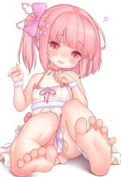 Rule 34 | 1girl, arched soles, ass, asymmetrical hair, bare shoulders, barefoot, blush, borrowed character, bow, child, confused, cuffs, dress, eyebrows, eyelashes, feet, flower, foot focus, gluteal fold, hair bow, hair ornament, hair ribbon, head tilt, knees, kupuru (hirumamiyuu), legs, looking at viewer, medium hair, open mouth, original, pink bow, pink dress, pink eyes, pink hair, pink ribbon, ponytail, pov, ribbon, rose, side ponytail, sidelocks, simple background, sitting, soles, solo, spread toes, thighs, toenails, toes, transparent background, white background