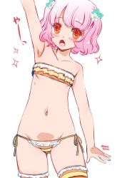 Rule 34 | 1girl, :o, arm at side, arm up, bare arms, bare shoulders, bikini, blush, breasts, collarbone, commentary request, copyright request, dated, flower, groin, hair flower, hair ornament, highres, leaning to the side, looking at viewer, multicolored bikini, multicolored clothes, navel, noto (soranoto), open mouth, orange eyes, pink hair, short hair, side-tie bikini bottom, simple background, small breasts, solo, sparkle, strapless, strapless bikini, striped clothes, striped thighhighs, swimsuit, thighhighs, underboob, white background, white flower