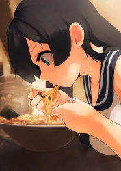 Rule 34 | 10s, 1girl, agano (kancolle), bare shoulders, black hair, bowl, breasts, chopsticks, eating, egg, food, from side, green eyes, holding, holding spoon, kantai collection, leaning forward, long hair, no gloves, noodles, profile, ramen, school uniform, serafuku, solo, spoon, steam, suginoji, sweat