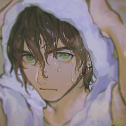 Rule 34 | 1boy, after bathing, alzi xiaomi, arms up, brown hair, chromatic aberration, claude von riegan, close-up, closed mouth, dark-skinned male, dark skin, ear piercing, earrings, eyebrows, fire emblem, fire emblem: three houses, green eyes, hair between eyes, highres, jewelry, looking at viewer, male focus, nintendo, piercing, short hair, sideburns, signature, solo, water drop, wet, wet hair