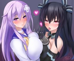 Rule 34 | 2girls, ahegao, alternate breast size, black hair, blush, breast press, breasts, cleavage, dress, fignya, fignya (artist), heart, large breasts, long hair, looking at viewer, multiple girls, nepgear, neptune (series), purple eyes, purple hair, red eyes, sailor collar, seductive smile, smile, symmetrical docking, tongue, tongue out, twintails, uni (neptunia)