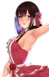 Rule 34 | 1girl, absurdres, armpits, azki (3rd costume) (hololive), azki (hololive), backlighting, black hair, blush, breasts, breath, buttons, collar, dress, highres, hololive, huusri, large breasts, looking away, necktie, outstretched arm, parted lips, purple eyes, red dress, sweat, turning head, uniform, upper body, virtual youtuber