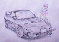 Rule 34 | 1girl, aria (manga), aria company uniform, black car, blue bow, blue bowtie, blue gloves, bow, bowtie, bracelet, can, car, cwind, dress, eyelashes, gloves, gold trim, hair tubes, holding, holding can, jewelry, looking at viewer, mazda, mazda rx-7, mazda rx-7 fd, mizunashi akari, motor vehicle, on vehicle, parted bangs, pink hair, sailor collar, short hair with long locks, short sleeves, single glove, sitting, sketch, smile, solo, spoiler (automobile), sports car, traditional media, vehicle focus, white dress, white footwear