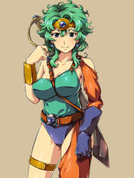 Rule 34 | 1girl, armpits, asymmetrical clothes, bare shoulders, belt, belt buckle, between breasts, blue eyes, blue gloves, blush, bracelet, breasts, brown background, buckle, circlet, cleavage, curly hair, dragon quest, dragon quest iv, earrings, forehead, gloves, green hair, headpiece, heroine (dq4), jewel, jewelry, juvecross, large breasts, leotard, looking at viewer, messy hair, simple background, single glove, single sleeve, single thighhigh, smile, solo, strap between breasts, sword, weapon on back, thighhighs, thighs, weapon