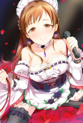 Rule 34 | 10s, 1girl, bare shoulders, black thighhighs, breasts, brown eyes, brown hair, corset, detached sleeves, fishnet thighhighs, fishnets, flower, frilled thighhighs, frills, highres, idolmaster, idolmaster cinderella girls, jewelry, long hair, maid, microphone, natsuya (natuya777), necklace, nitta minami, rose, smile, solo, thighhighs, underbust, whip