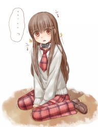 Rule 34 | 1girl, blush, brown eyes, brown hair, collar, female focus, full body, hair ornament, hairclip, kneeling, long hair, looking at viewer, necktie, scared, shoes, simple background, solo, tears, trembling, white background, yuyuzuki (yume usagi)