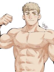 1boy abs bara biceps blonde_hair blush dungeon_meshi flexing highres laios_touden male_focus muscular muscular_male nipples nude pectorals shirako_(kirupi) short_hair smile solo thick_eyebrows upper_body