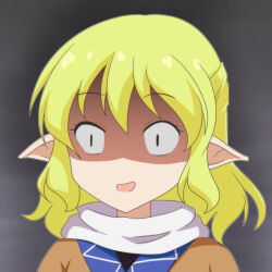 1girl blonde_hair brown_shirt cato_(monocatienus) commentary grey_background mizuhashi_parsee pointy_ears portrait scarf shirt short_hair smile solo touhou