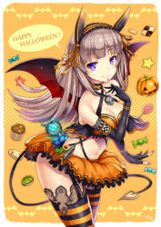 Rule 34 | 1girl, black gloves, blunt bangs, bra, breasts, brown hair, candy, checkerboard cookie, cleavage, closed mouth, contrapposto, cookie, cupcake, demon wings, elbow gloves, food, garter straps, gia, gloves, halloween, happy halloween, headphones, highres, jack-o&#039;-lantern, lace, lace-trimmed gloves, lace trim, long hair, looking at viewer, medium breasts, navel, orange bra, orange skirt, original, partially fingerless gloves, pumpkin, purple eyes, sidelocks, skirt, smile, solo, standing, striped clothes, striped thighhighs, thighhighs, thighs, underwear, wings