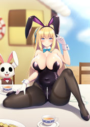 Rule 34 | 1girl, 1other, animal ears, areola slip, bare shoulders, black leotard, blonde hair, blue eyes, blue ribbon, blurry, blurry background, blush, bow, bowtie, breasts, chair, cleavage, crotch zipper, detached collar, fake animal ears, gloves, hair ribbon, high heels, house, large breasts, leotard, long hair, looking at viewer, mijinko (rioriorio), one side up, original, outdoors, pantyhose, playboy bunny, rabbit ears, ribbon, sitting, sitting on table, sky, smile, solo, strapless, strapless leotard, undersized breast cup, very long hair, white gloves, wrist cuffs, zipper