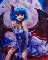 Rule 34 | 1girl, alternate costume, blue dress, blue eyes, blue gloves, breasts, butterfly hair ornament, cleavage, dress, elbow gloves, female focus, full moon, gloves, hair ornament, moon, oil painting (medium), painting (medium), petals, red eyes, remilia scarlet, revision, rooftop, sash, shirt, sitting, solo, tafuto, touhou, traditional media, v arms